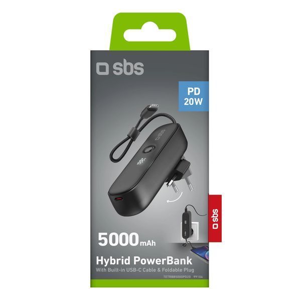 Зовнішній акумулятор SBS TETRBB5000PD20 Гібридний зовнішній акумулятор 5000 мАг PD 20 Вт зі складною вилкою EURO_1352772 фото