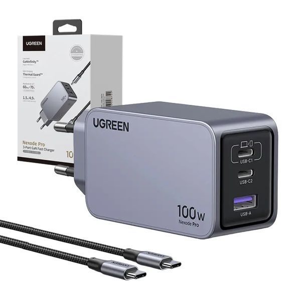 Зарядний пристрій UGREEN 25874 Nexode Pro 100 Вт GaN USB + 2x USB-C, сірий EURO_1319608 фото
